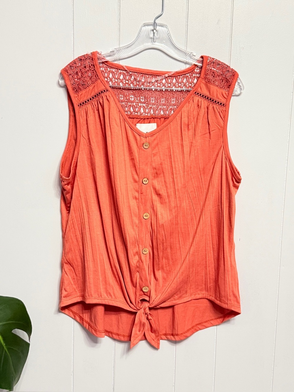 #1)  New York Laundry Coral Crochet Shoulder Button-Front Tie Camisole